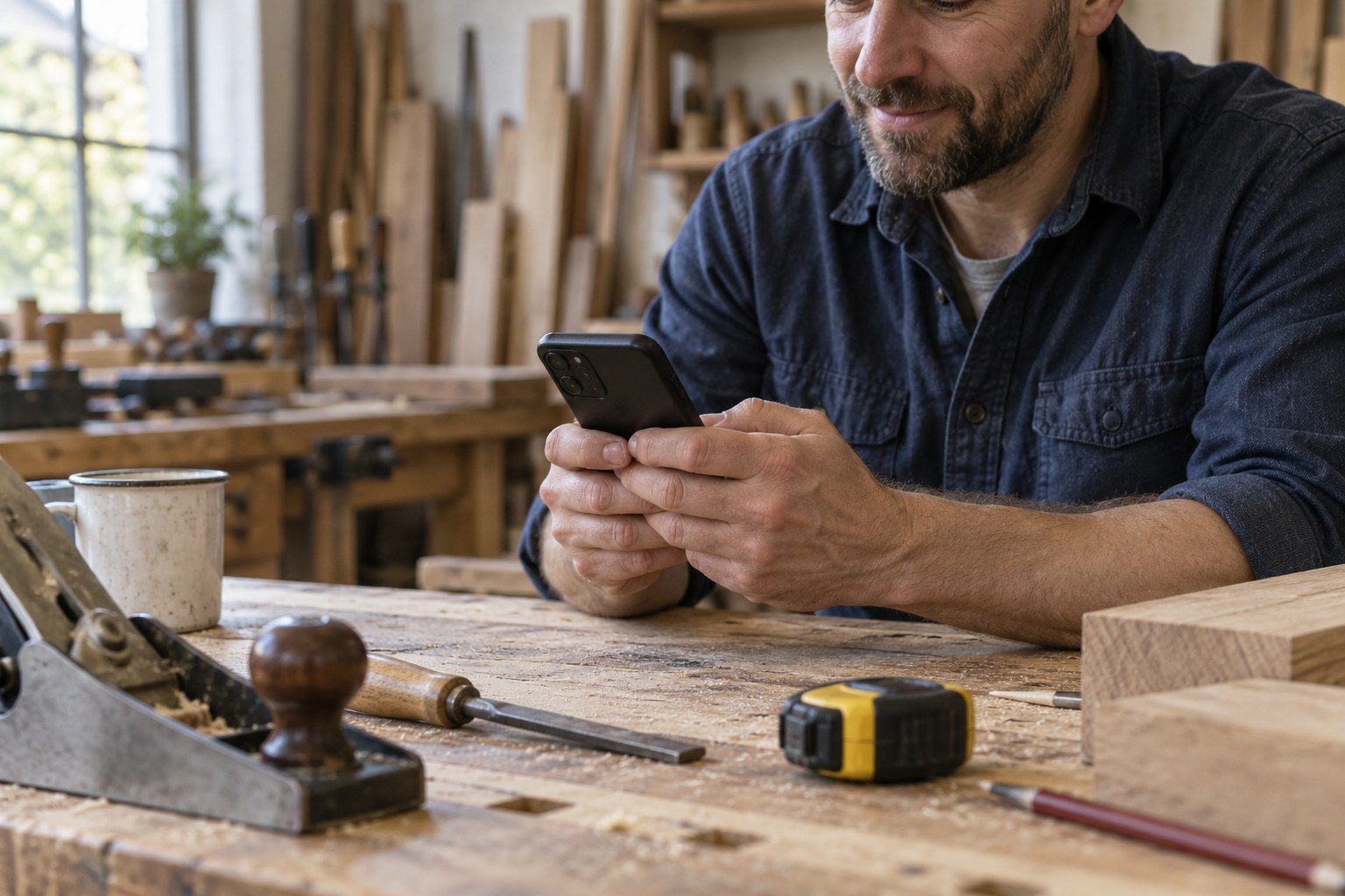 Tradesperson checking a phone during a break in a workshop